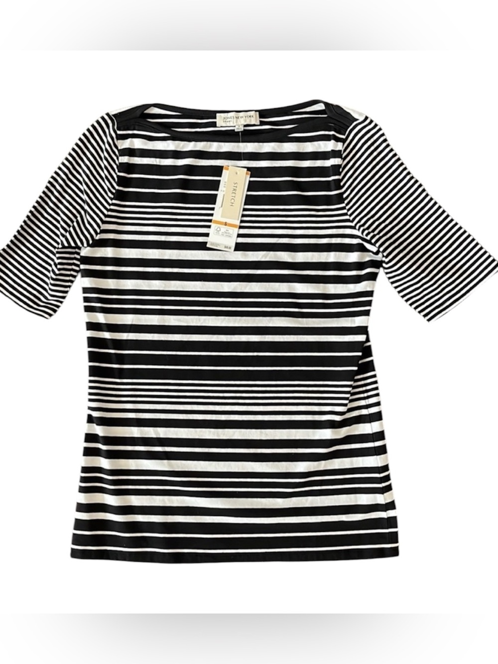 NWT Jones New York Black White Striped Elbow Sleeve Top S